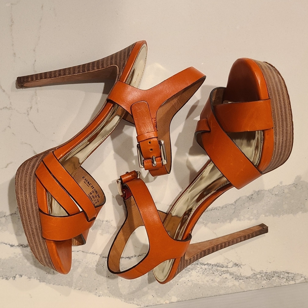 Coach Dani Leather Platform Open-toe Sandal in Orange Papaya Sz 8 - Picture 10 of 14